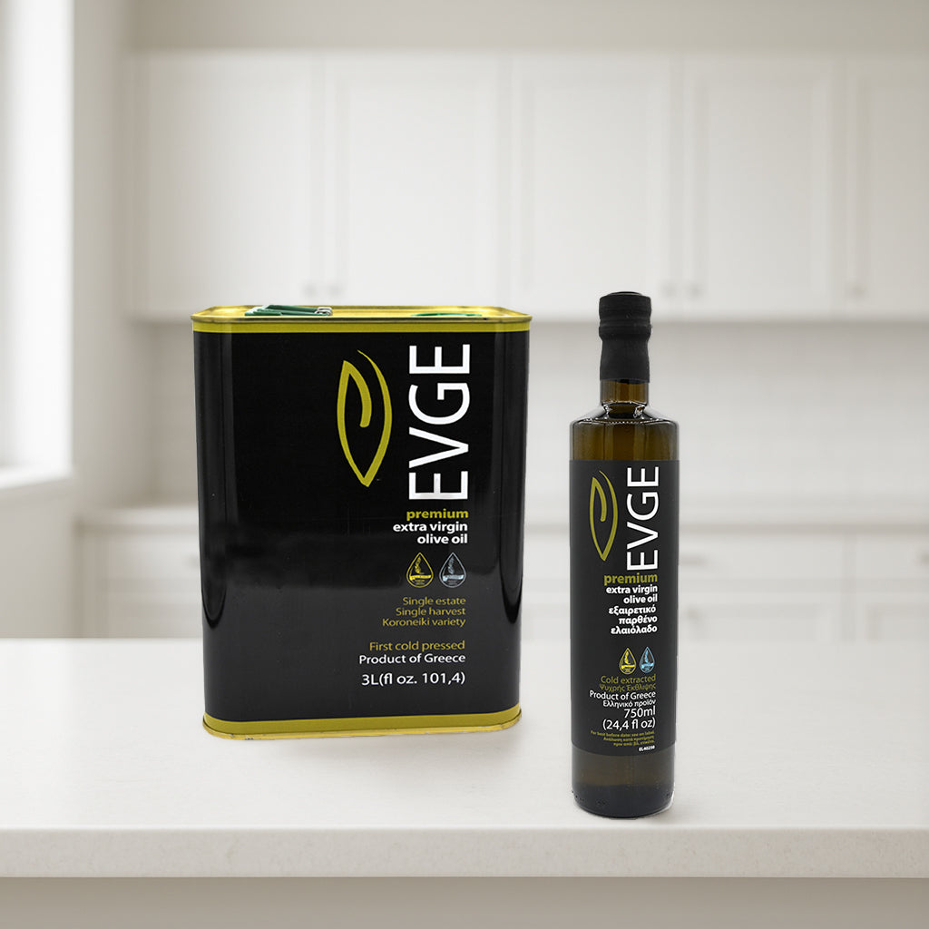 EVGE Extra Virgin Olive Oil Refill Kit – 750 ml (25.4 fl oz) Bottle + 3L (101 fl oz) Can – 2025 Harvest