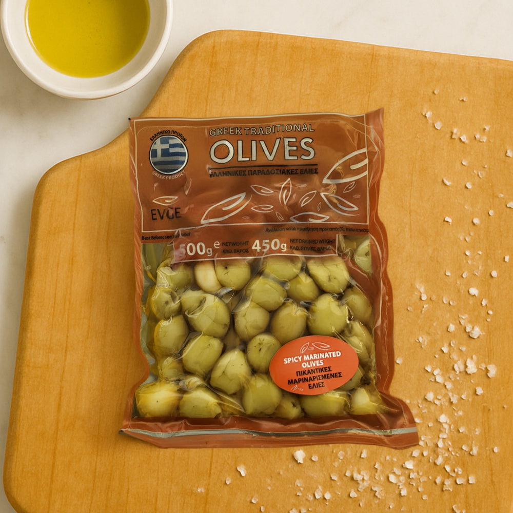 Spicy Marinated Green & Kalamata Pitted Olives – 400 g (14 oz)