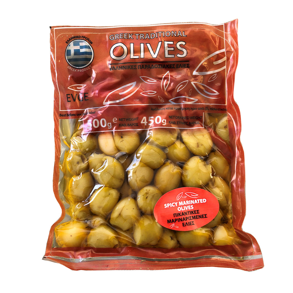 Spicy Marinated Green & Kalamata Pitted Olives – 400 g (14 oz)