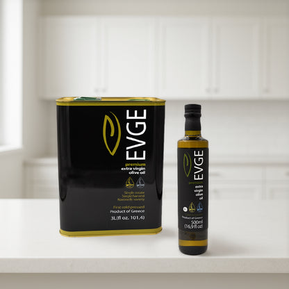EVGE Extra Virgin Olive Oil Refill Kit – 500 ml (16.9 fl oz) Bottle + 3L (101 fl oz) Can – 2025 Harvest