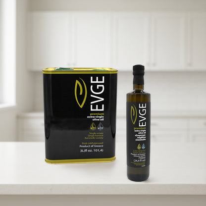 EVGE Extra Virgin Olive Oil Refill Kit – 750 ml (25.4 fl oz) Bottle + 3L (101 fl oz) Can – 2025 Harvest