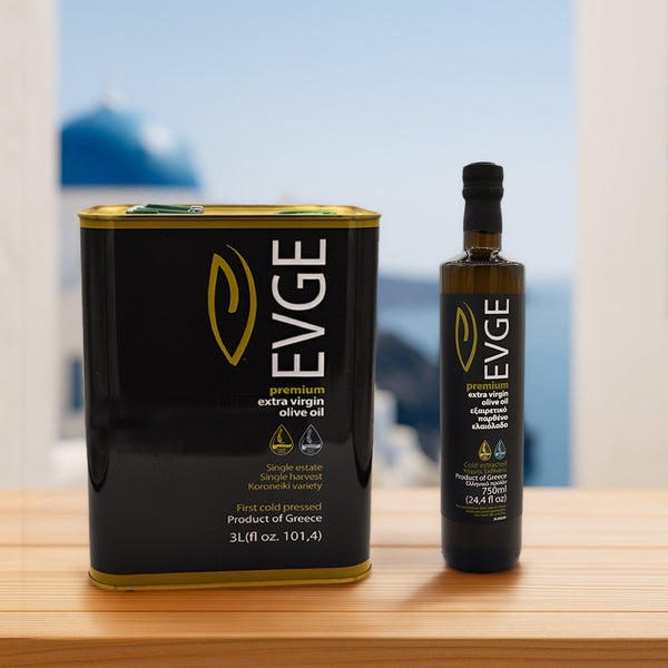 EVGE Extra Virgin Olive Oil Refill Kit – 750 ml  (25.4 fl oz) Bottle + 3L (101 fl oz) Can – 2025 Harvest