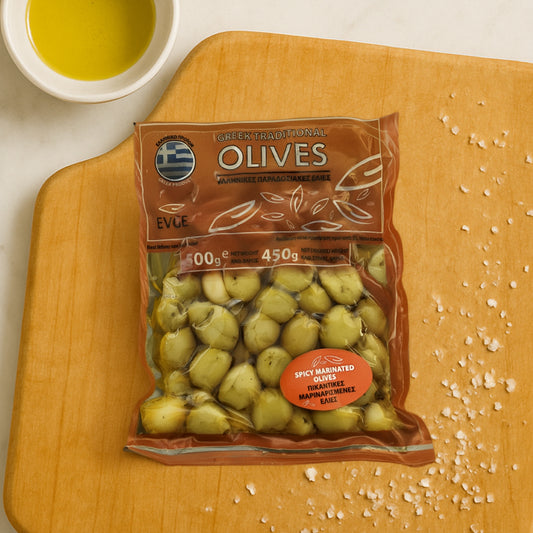 Spicy Marinated Green & Kalamata Pitted Olives – 400 g (14 oz)