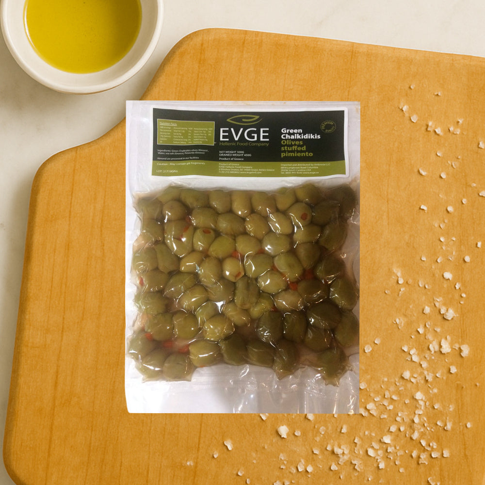 Chalkidiki Pimiento-Stuffed Green Olives – 1 lb (454 g (16 oz)) Vacuum Pack